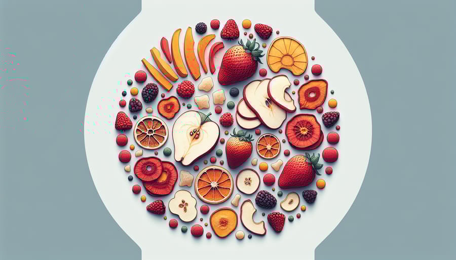 A close-up image of assorted freeze dried fruits including strawberries, apples, and mangoes, highlighting their vivid colors and crunchy texture.
