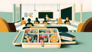 A vibrant school lunchbox filled with colorful freeze dried candies and other healthy snacks, placed on a school desk in a bright classroom.