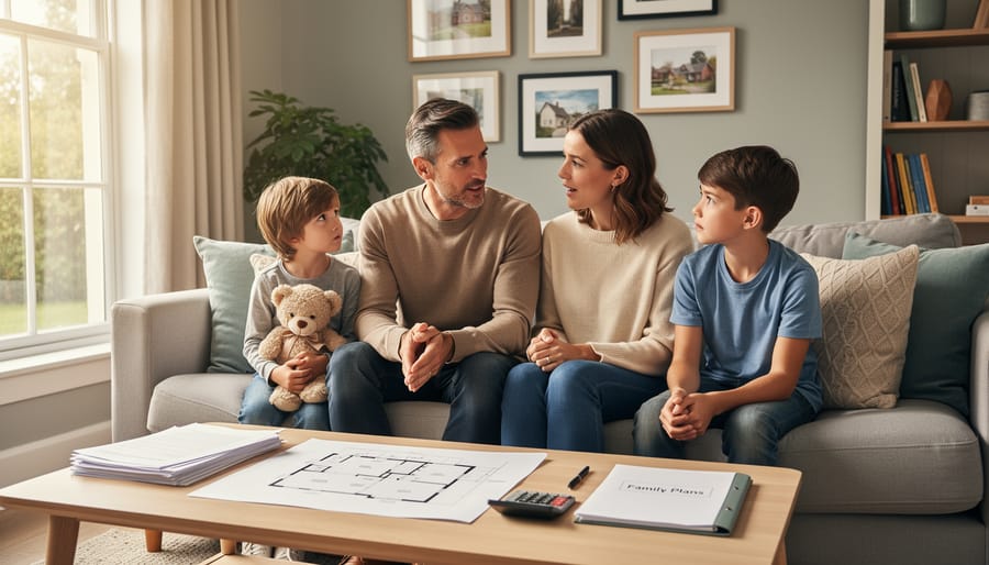 Parent and teenage child having supportive conversation together on couch at home