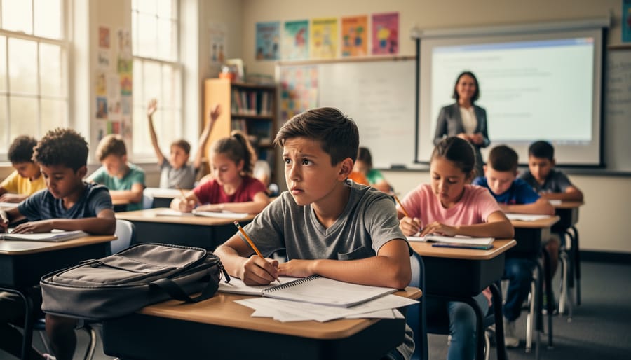 Student sitting alone at classroom desk with thoughtful, concerned expression