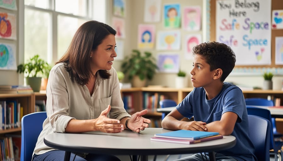 Teacher having supportive one-on-one conversation with student in classroom