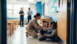 Teacher guiding elementary students through a calm lockdown drill in a classroom, with an unmarked police officer and paramedic speaking with an administrator in the softly blurred hallway, natural daylight, no visible text or logos.