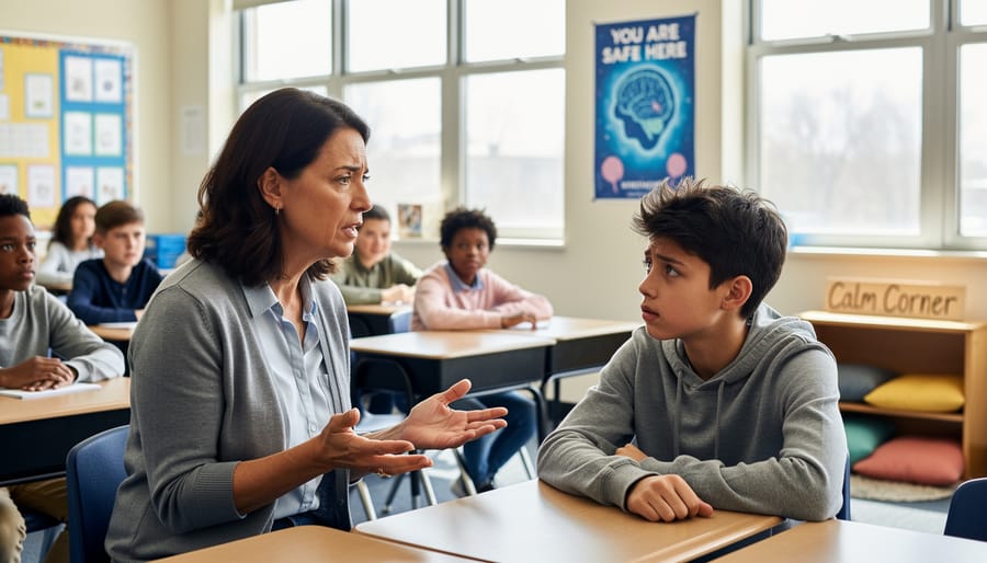 Teacher using de-escalation techniques while speaking with student in classroom