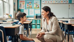 Educator kneeling to speak at eye level with a student in a bright classroom, suggesting trust, connection, and a safe learning environment.