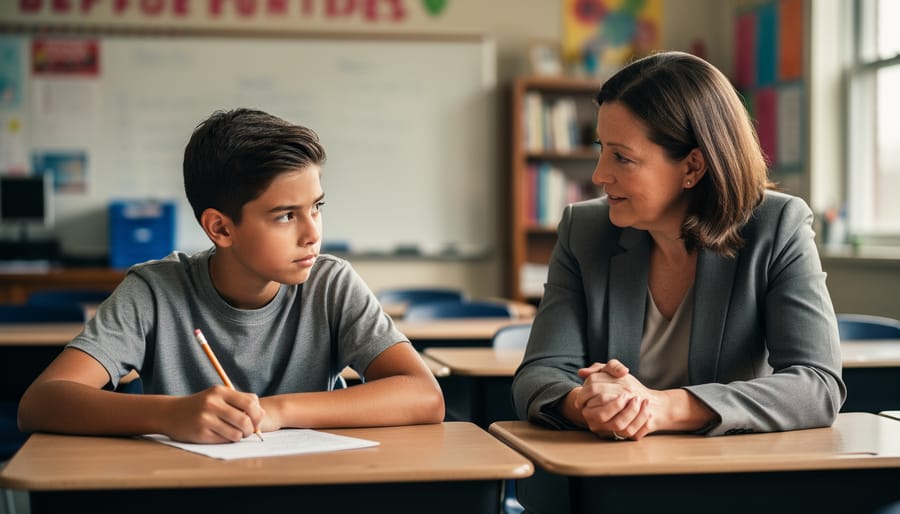 Student seated at a desk while a teacher offers supportive presence nearby.