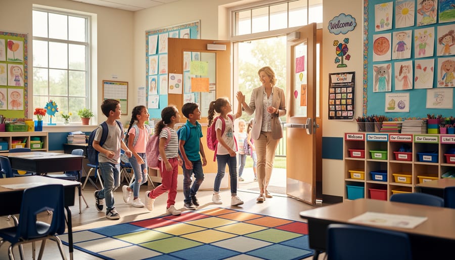 Teacher greeting students at the classroom door during arrival.