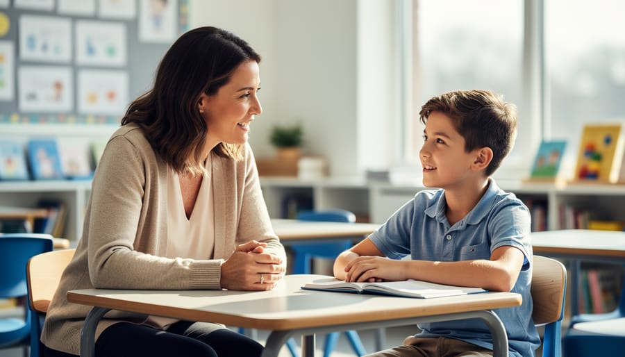 Teacher and student having a quiet one-on-one conversation in a classroom.