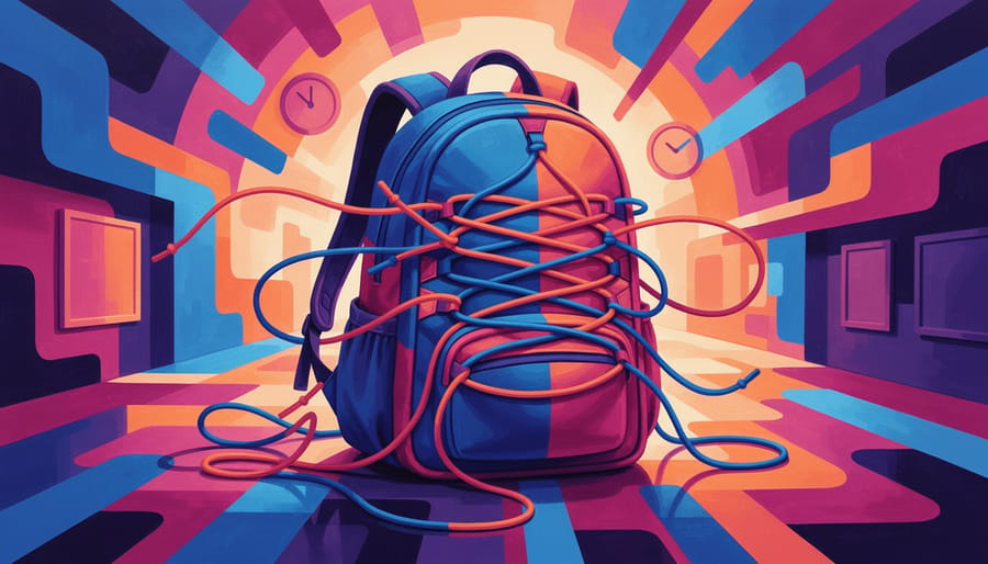 A closed notebook and heavy backpack with tangled shoelaces on a floor in front of a neutral room background.