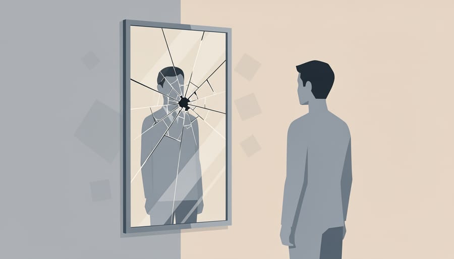 A cracked mirror on a classroom desk reflecting a student’s face in shadow.