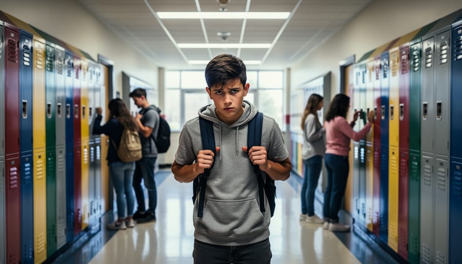 A student stands alone in a school hallway while other students in the background turn away.
