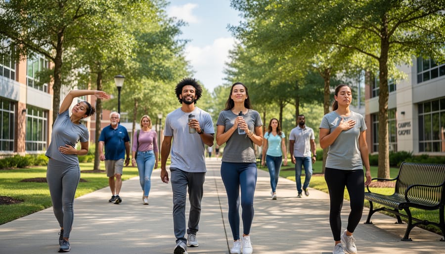A student walking outdoors near a school path while holding a reusable water bottle.