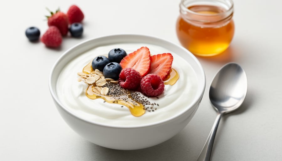 Close-up of a spoonful of yogurt topped with berries and oats on a wooden table.