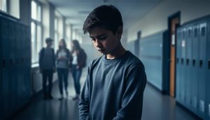 A half-lit teen in a school hallway looks down with blurred classmates in the background, representing the consequences of bullying on the bully.