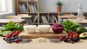 Close-up of fermented foods and fibre-rich ingredients—such as yogurt, sauerkraut, oats, seeds, and berries—arranged on a wooden table.