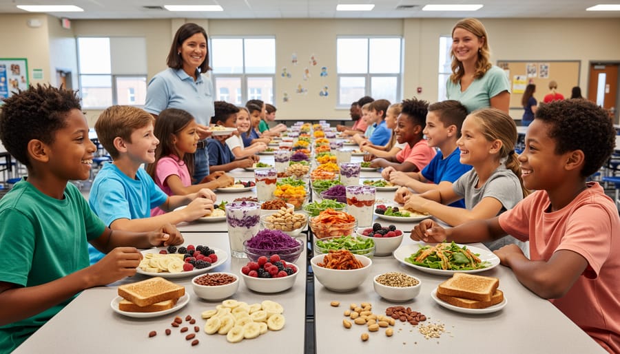 Students and an educator eating yogurt and fruit together at a school cafeteria table.