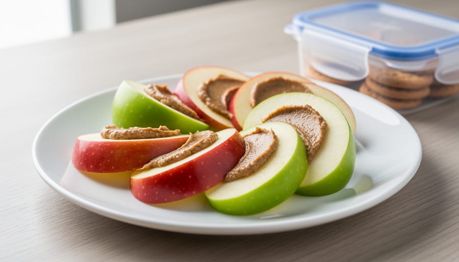 Apple slices packed with almond butter and a small sprinkle of seeds in a lunch container