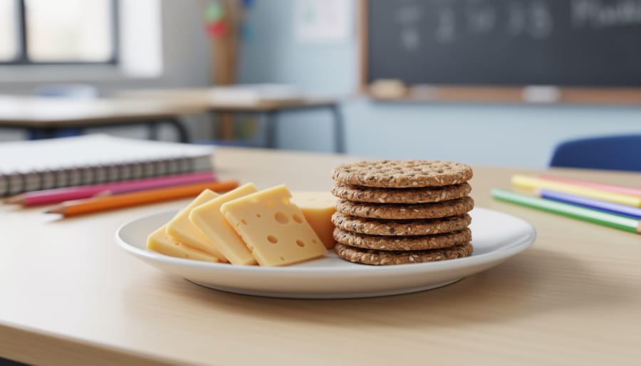 Cheese cubes with whole grain crackers on a lunch tray