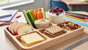 A wooden tray of fresh fruit, vegetable sticks with hummus, whole grain crackers with cheese, yogurt with berries, and trail mix arranged for students at a classroom desk.