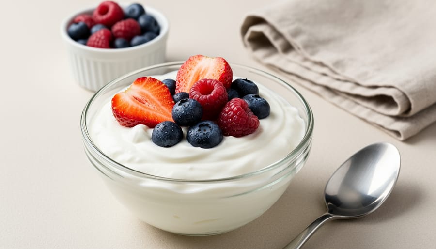 Bowl of Greek yogurt topped with fresh berries