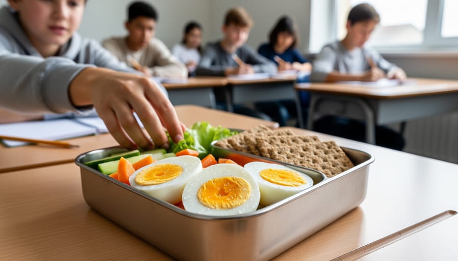 Hard-boiled eggs in a reusable container for a school snack