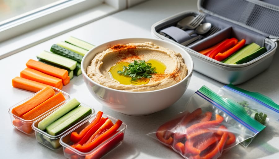 Vegetable sticks arranged with a bowl of hummus in a lunch setup