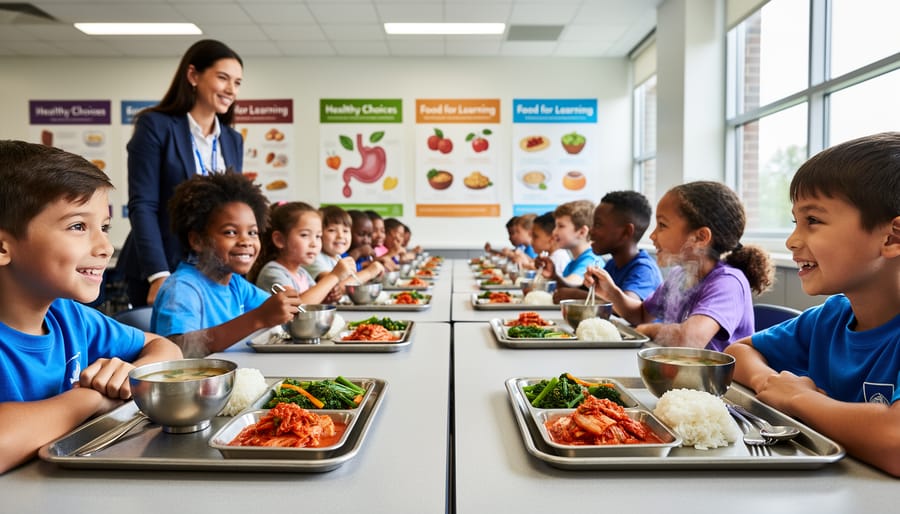 Student and educator in a school cafeteria sharing a tasting plate with kimchi and miso soup