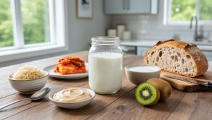 Close-up of a wooden table with bowls and a jar of probiotic foods like yogurt, kefir, sauerkraut, and kimchi, styled in natural daylight for gut health.