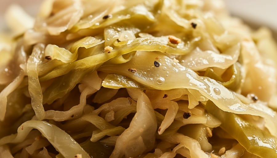 Jar of sauerkraut with cabbage strands visible under the brine