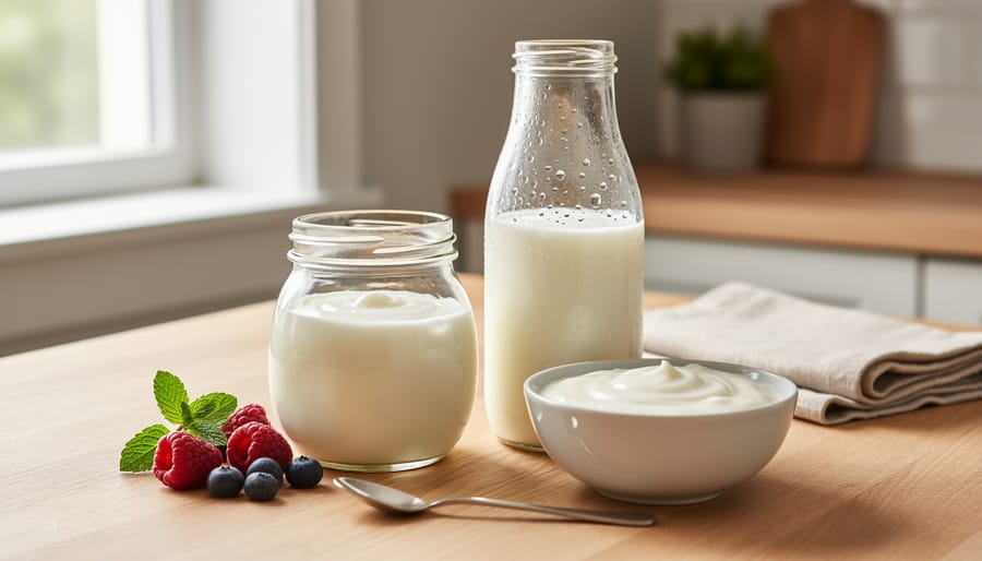 Bowls of yogurt and a glass of kefir on a wooden table